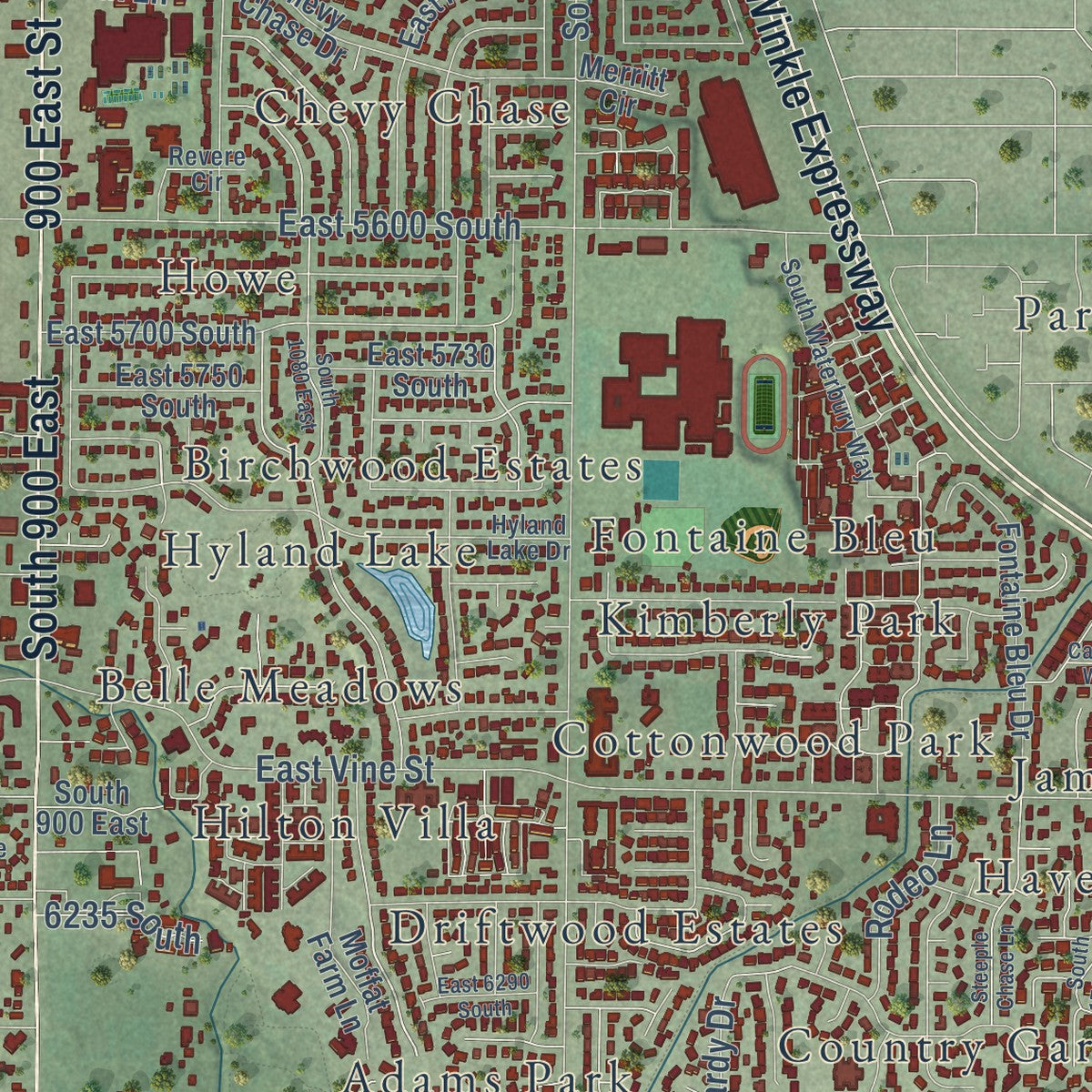 Close-up of the map of Murray, Utah print showing street and building detail
