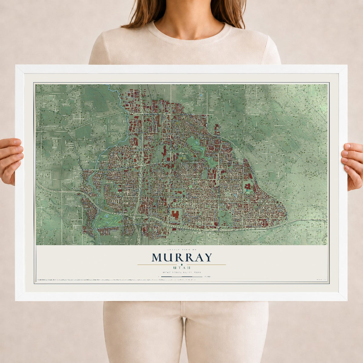 Map of Murray, Utah, 18 x 24 inch print in a white wood frame
