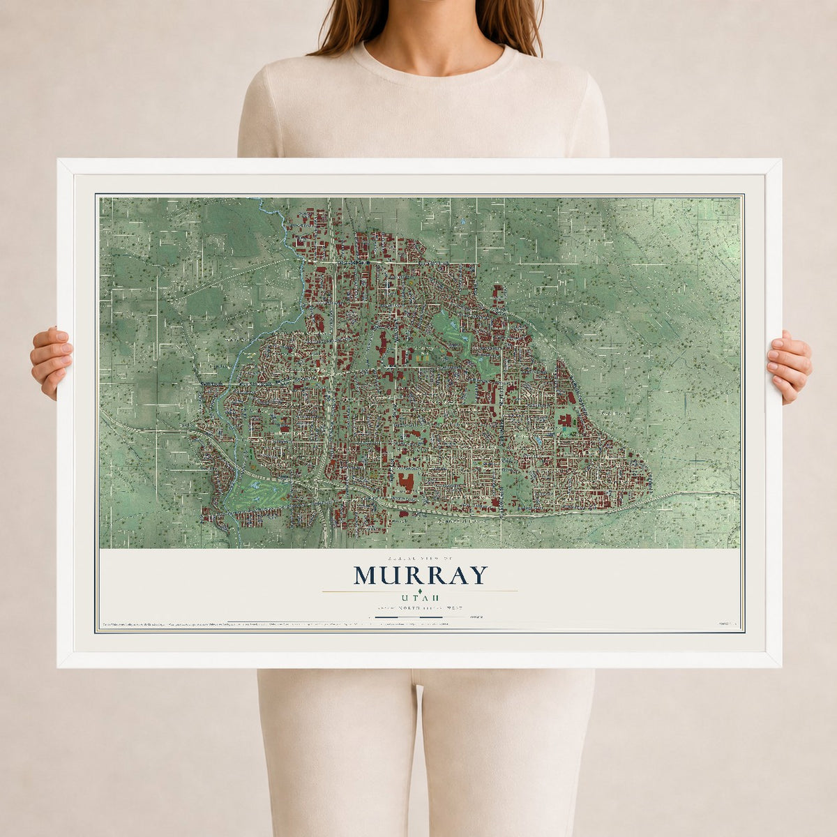 Map of Murray, Utah, 24 x 36 inch print in a white wood frame