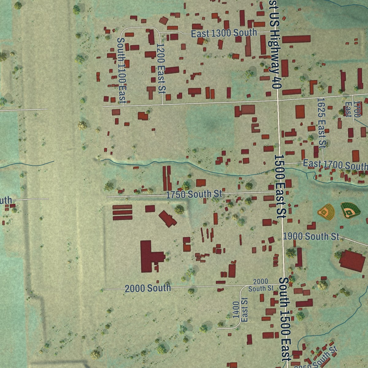 Close-up of the map of Naples, Utah print showing street and building detail