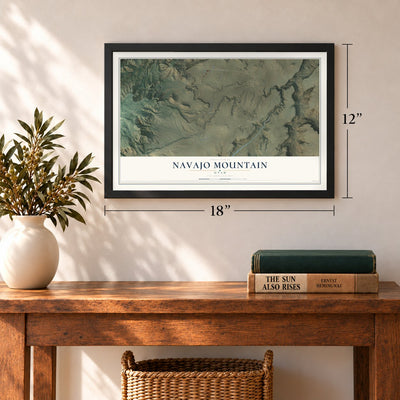 Navajo Mountain, Utah map, 12 x 18 inch print in a black frame in an entryway
