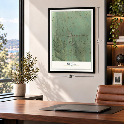 Neola, Utah map, 18 x 24 inch print in a black frame in a home office