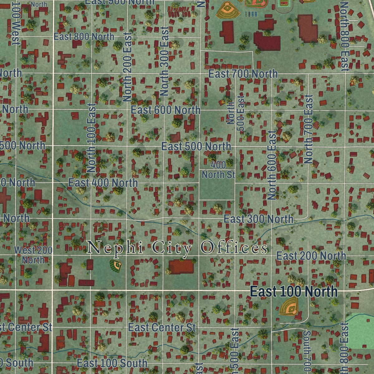 Close-up of the map of Nephi, Utah print showing street and building detail