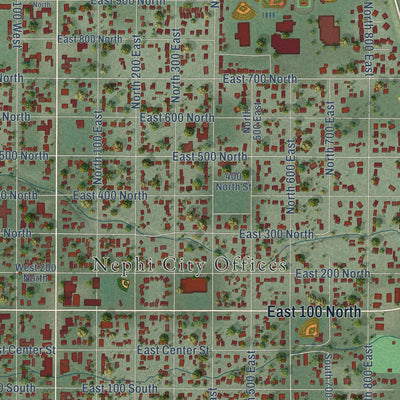 Close-up of the map of Nephi, Utah print showing street and building detail