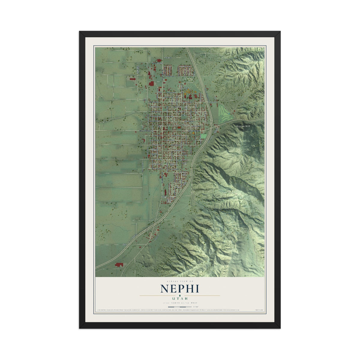 Map of Nephi, Utah, 12 x 18 inch print in a black wood frame