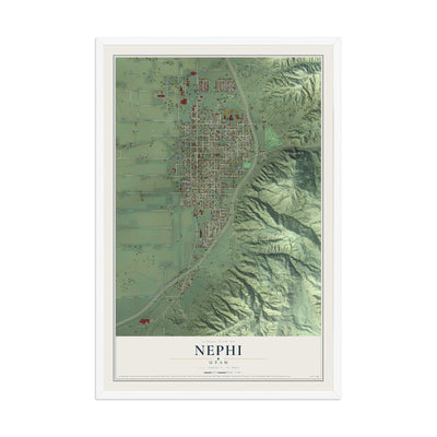 Map of Nephi, Utah, 12 x 18 inch print in a white wood frame