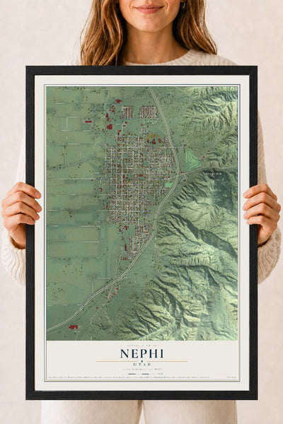 Map of Nephi, Utah, 18 x 24 inch print in a black wood frame