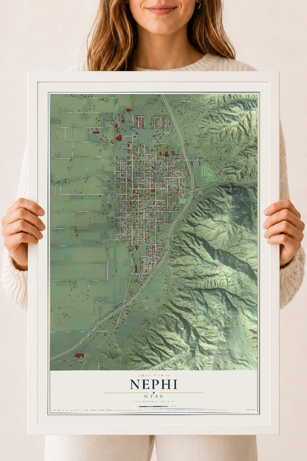 Map of Nephi, Utah, 18 x 24 inch print in a white wood frame