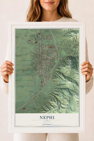Map of Nephi, Utah, 18 x 24 inch print in a white wood frame