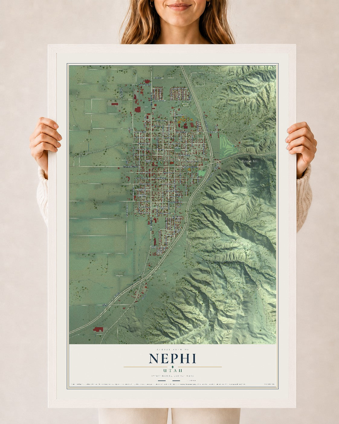Map of Nephi, Utah, 24 x 36 inch print in a white wood frame