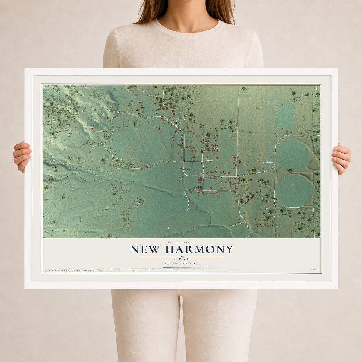 Map of New Harmony, Utah, 24 x 36 inch print in a white wood frame