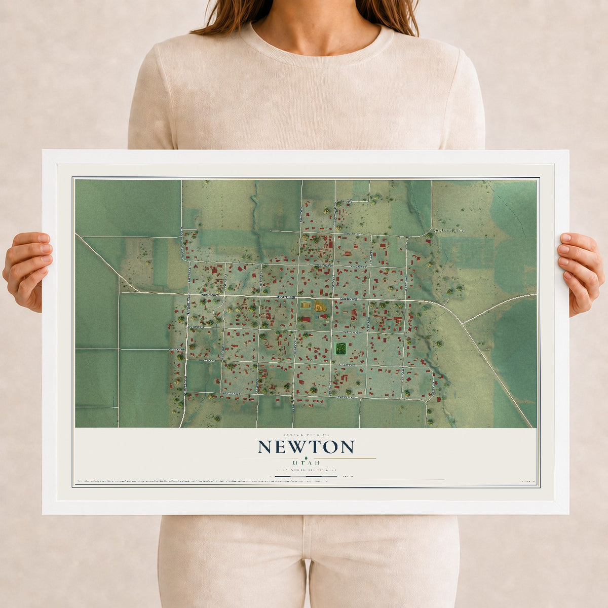 Map of Newton, Utah, 12 x 18 inch print in a white wood frame
