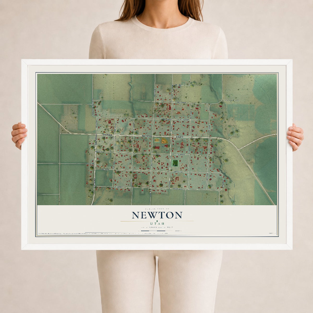 Map of Newton, Utah, 24 x 36 inch print in a white wood frame