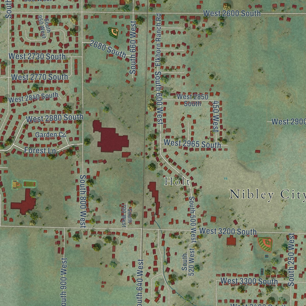 Close-up of the map of Nibley, Utah print showing street and building detail