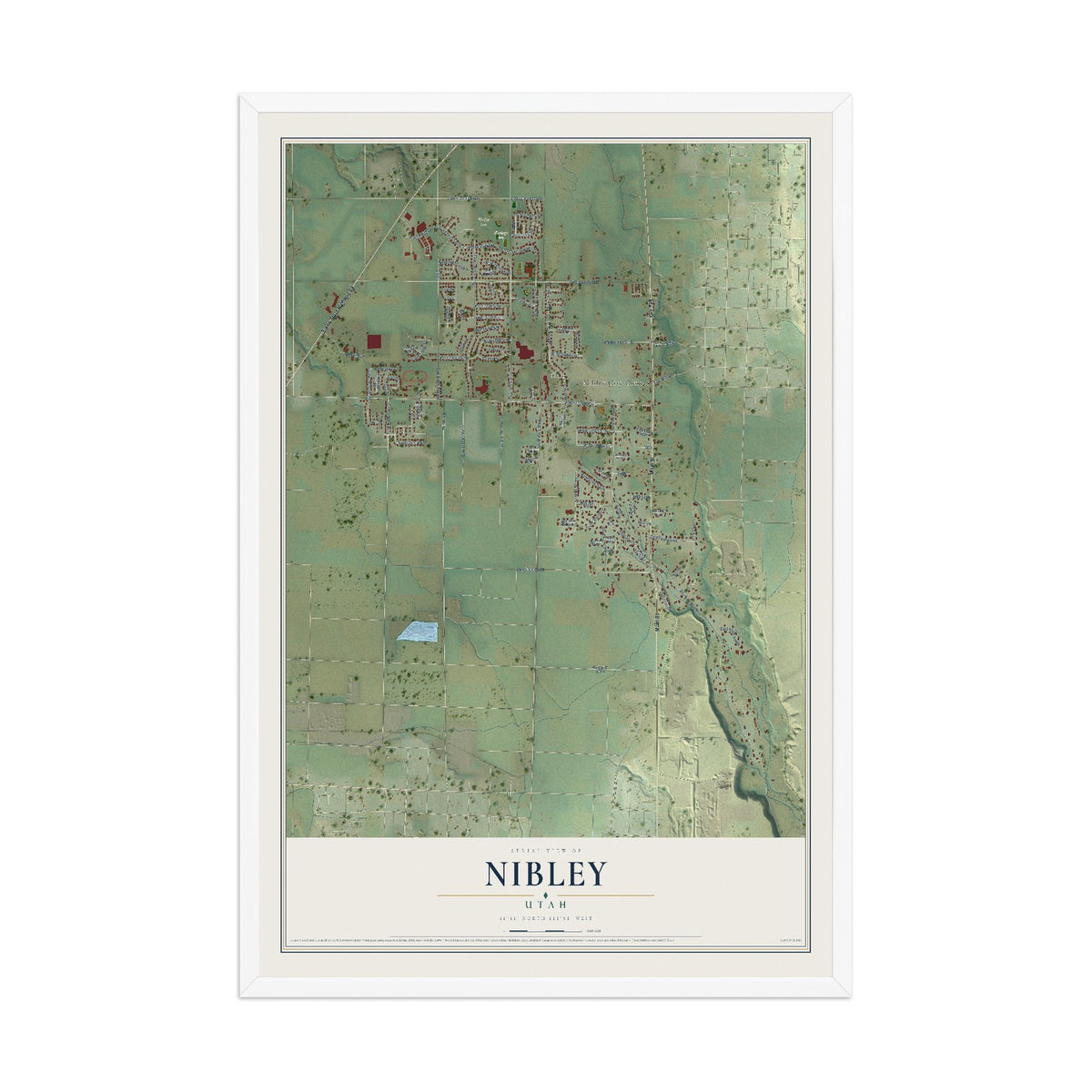 Map of Nibley, Utah, 12 x 18 inch print in a white wood frame