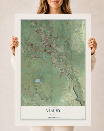 Map of Nibley, Utah, 24 x 36 inch print in a white wood frame