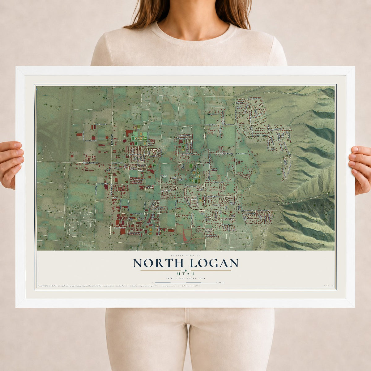 Map of North Logan, Utah, 18 x 24 inch print in a white wood frame