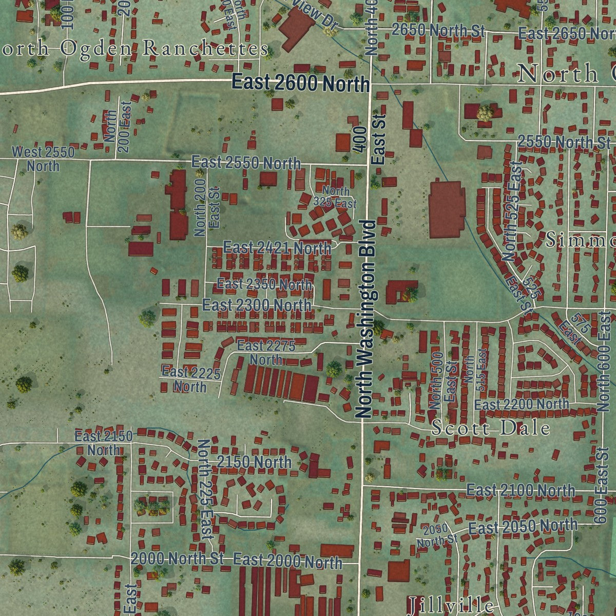 Second close-up of the map of North Ogden, Utah print showing more streets and buildings