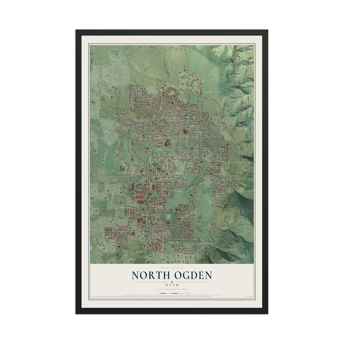 Map of North Ogden, Utah, 12 x 18 inch print in a black wood frame