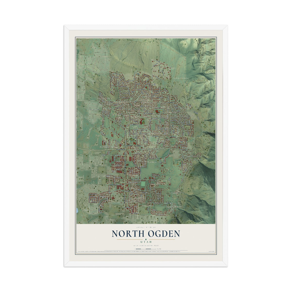 Map of North Ogden, Utah, 12 x 18 inch print in a white wood frame