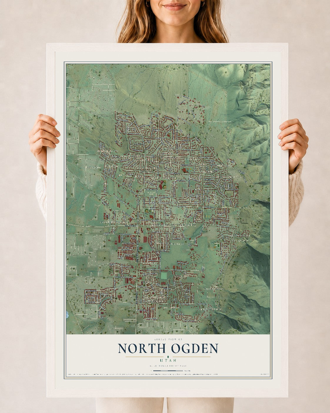 Map of North Ogden, Utah, 24 x 36 inch print in a white wood frame
