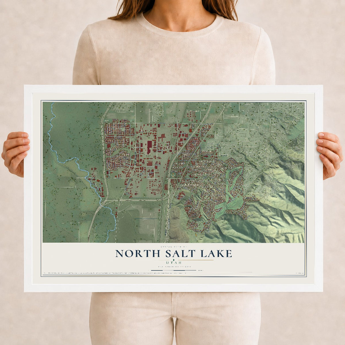 Map of North Salt Lake, Utah, 12 x 18 inch print in a white wood frame