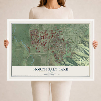 Map of North Salt Lake, Utah, 24 x 36 inch print in a white wood frame