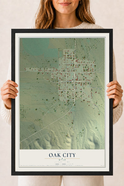 Map of Oak City, Utah, 18 x 24 inch print in a black wood frame