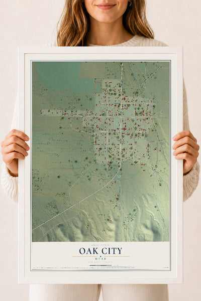 Map of Oak City, Utah, 18 x 24 inch print in a white wood frame