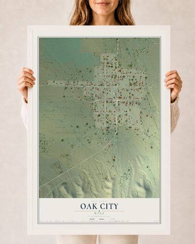 Map of Oak City, Utah, 24 x 36 inch print in a white wood frame