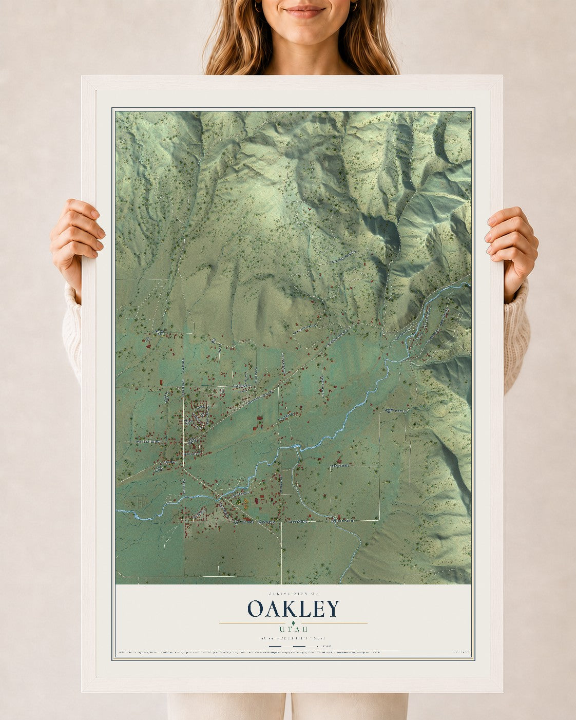 Map of Oakley, Utah, 24 x 36 inch print in a white wood frame