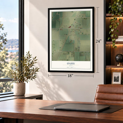 Oasis, Utah map, 18 x 24 inch print in a black frame in a home office