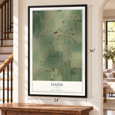 Oasis, Utah map, 24 x 36 inch print in a black frame by a staircase