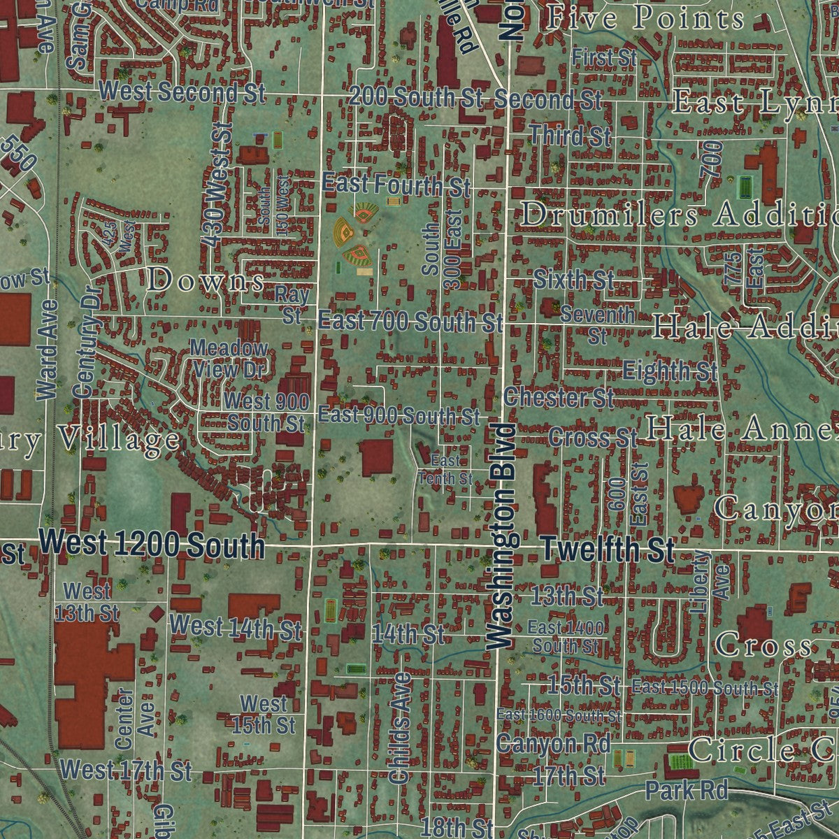 Second close-up of the map of Ogden, Utah print showing more streets and buildings