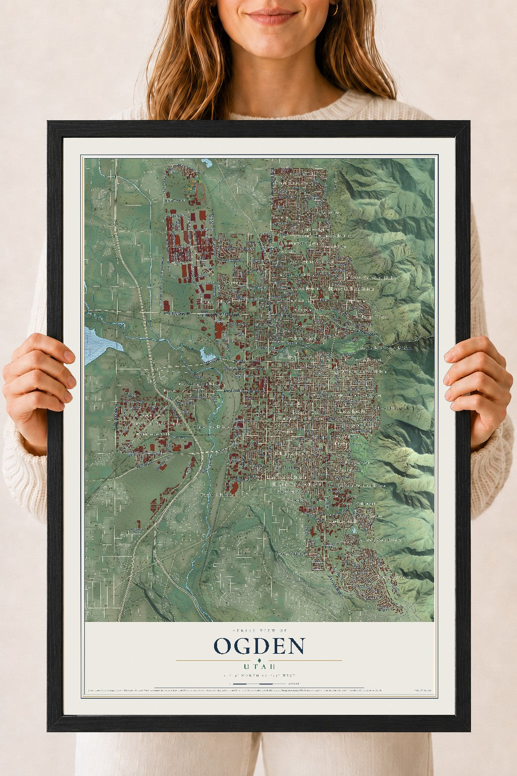 Map of Ogden, Utah, 18 x 24 inch print in a black wood frame