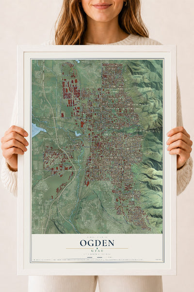 Map of Ogden, Utah, 18 x 24 inch print in a white wood frame