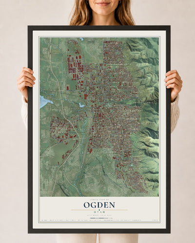 Map of Ogden, Utah, 24 x 36 inch print in a black wood frame