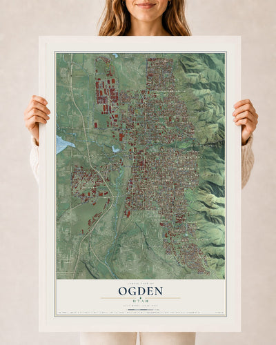 Map of Ogden, Utah, 24 x 36 inch print in a white wood frame