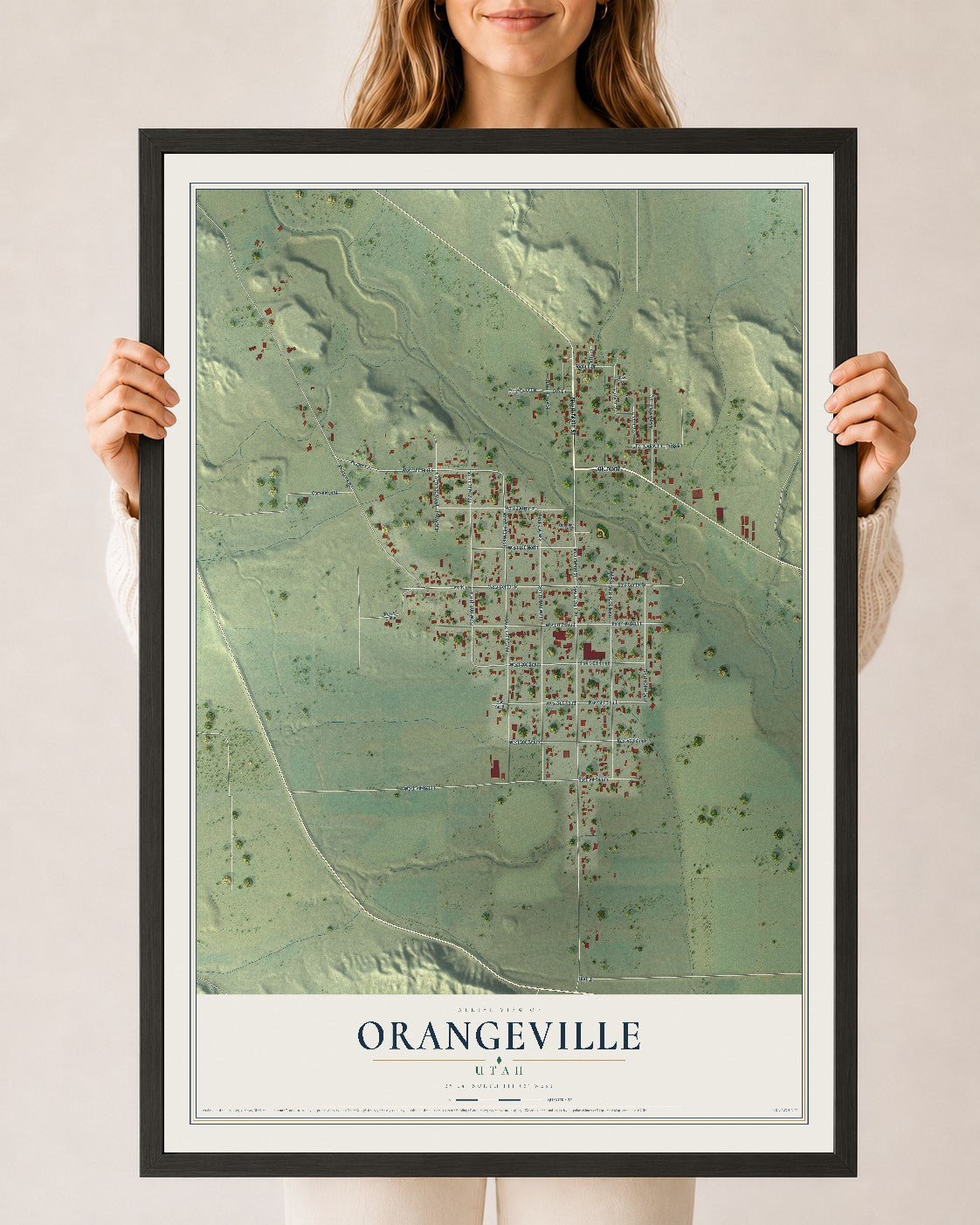 Map of Orangeville, Utah, 24 x 36 inch print in a black wood frame