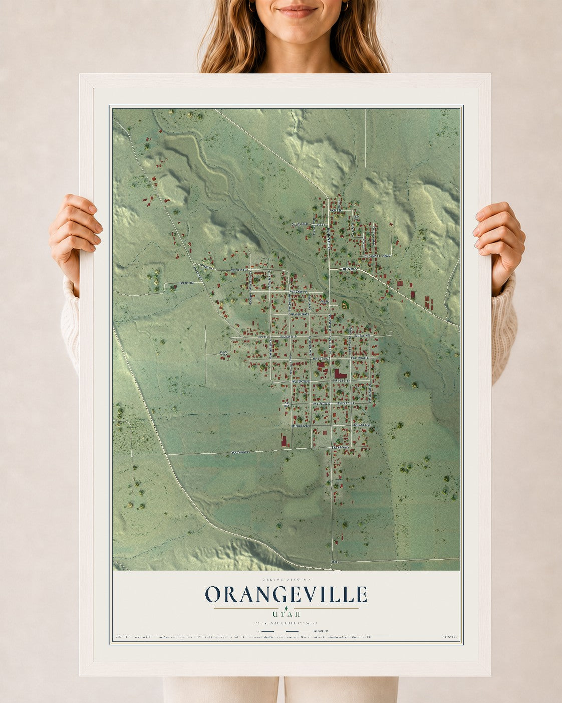 Map of Orangeville, Utah, 24 x 36 inch print in a white wood frame
