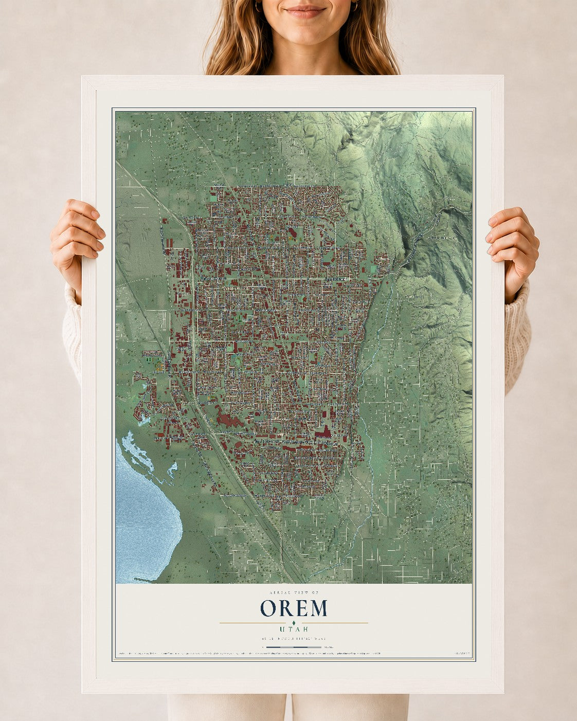 Map of Orem, Utah, 24 x 36 inch print in a white wood frame