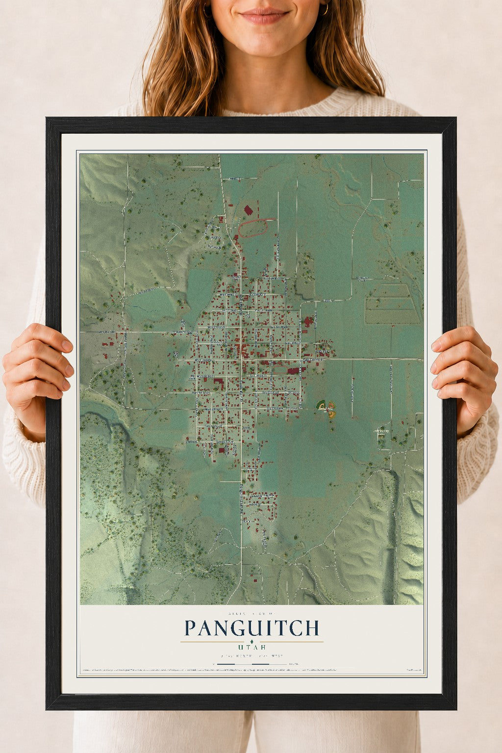 Map of Panguitch, Utah, 18 x 24 inch print in a black wood frame