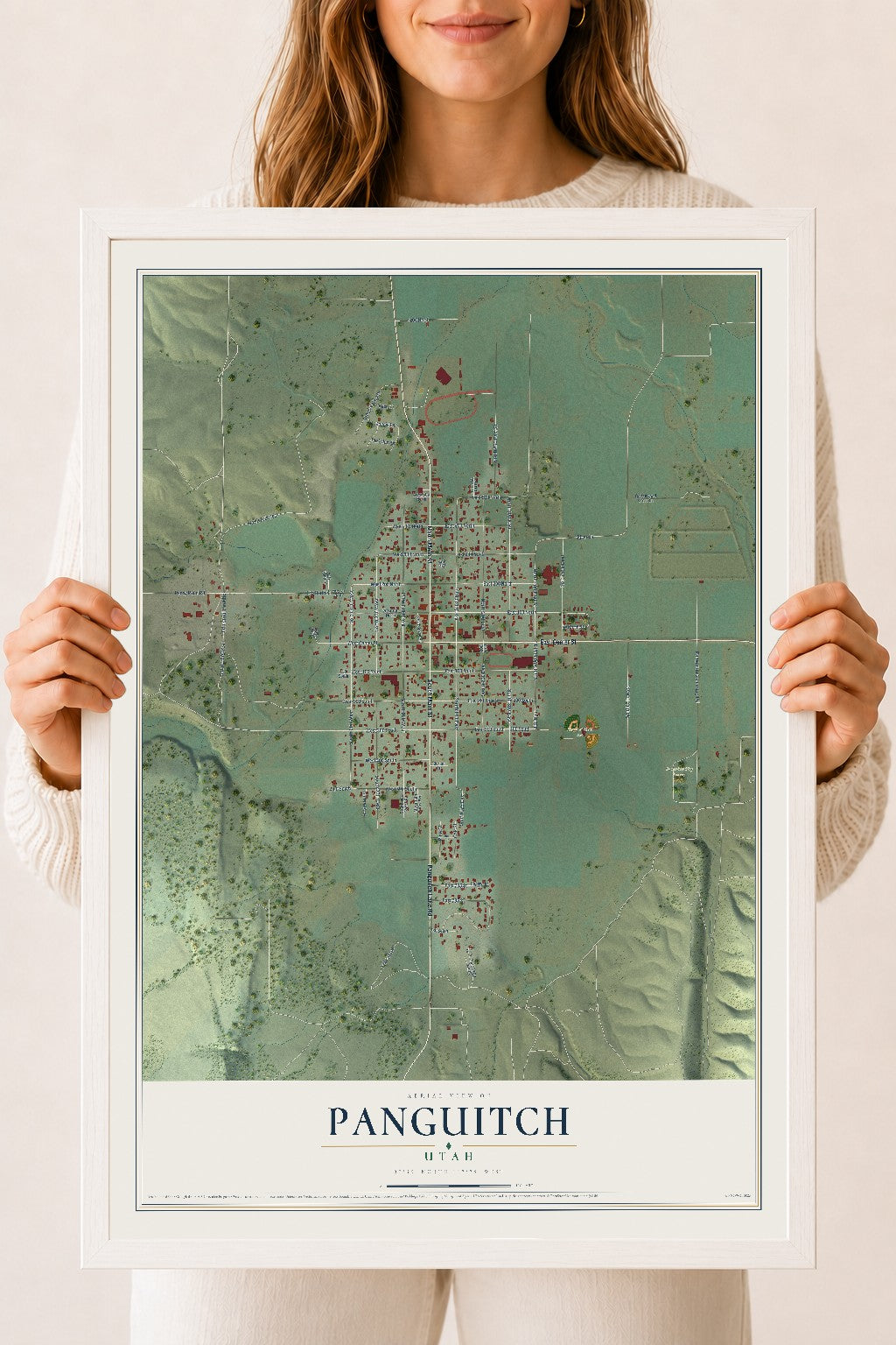 Map of Panguitch, Utah, 18 x 24 inch print in a white wood frame