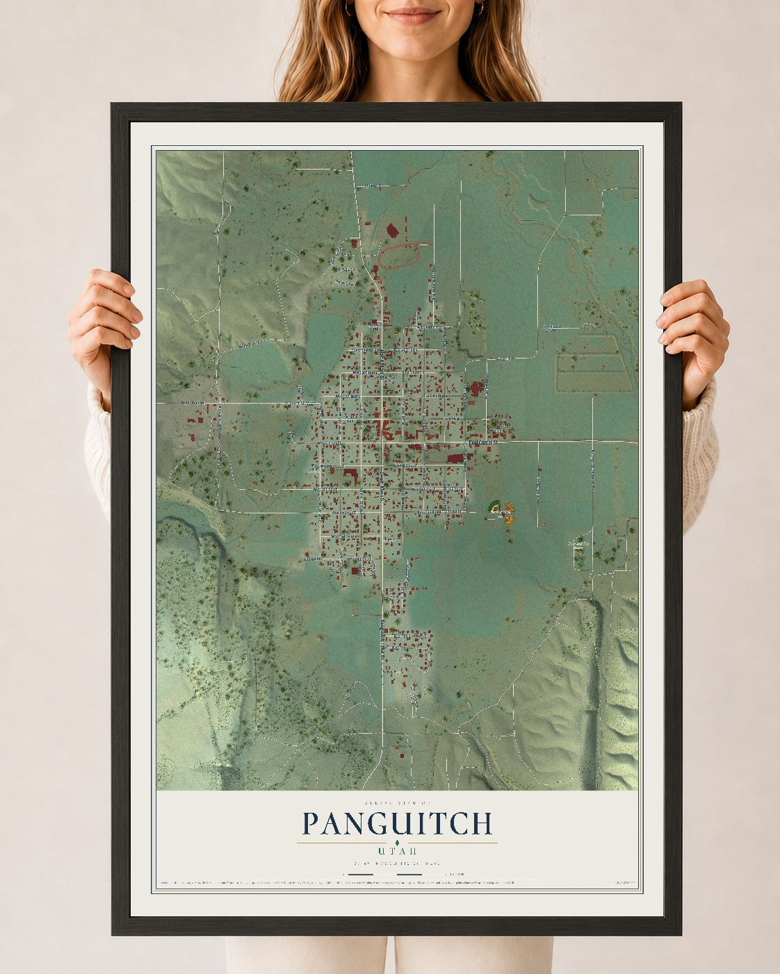 Map of Panguitch, Utah, 24 x 36 inch print in a black wood frame