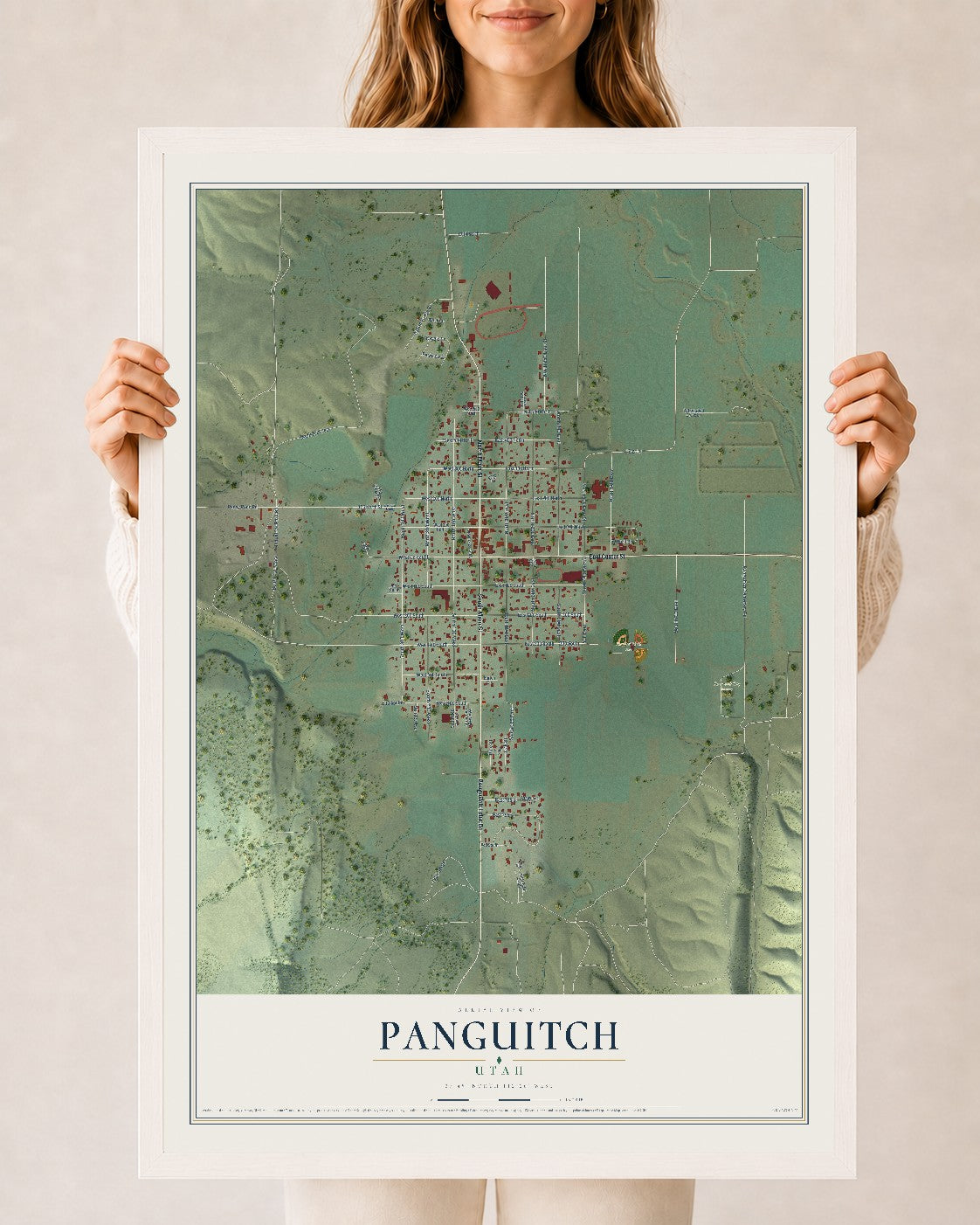 Map of Panguitch, Utah, 24 x 36 inch print in a white wood frame