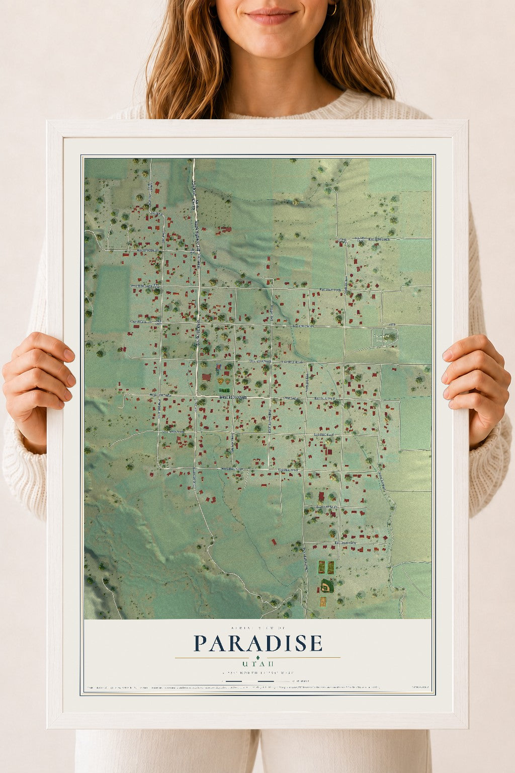 Map of Paradise, Utah, 18 x 24 inch print in a white wood frame