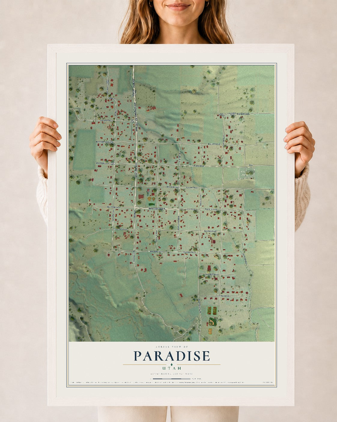 Map of Paradise, Utah, 24 x 36 inch print in a white wood frame