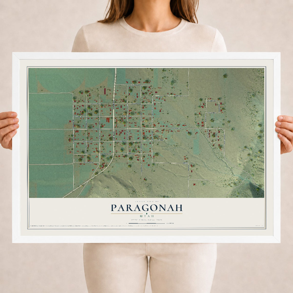 Map of Paragonah, Utah, 18 x 24 inch print in a white wood frame