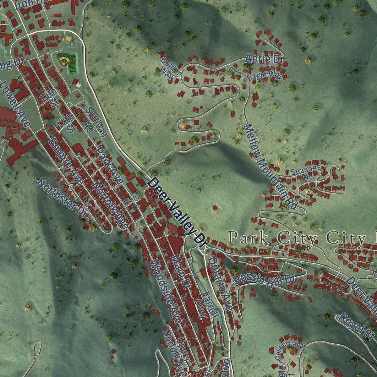 Second close-up of the map of Park City, Utah print showing more streets and buildings