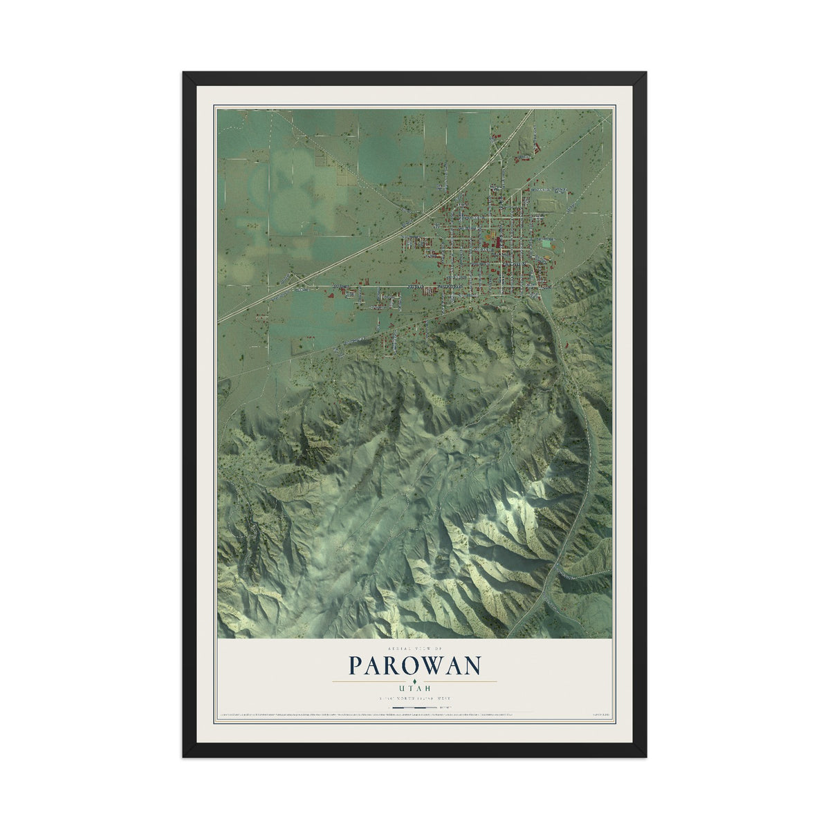 Map of Parowan, Utah, 12 x 18 inch print in a black wood frame